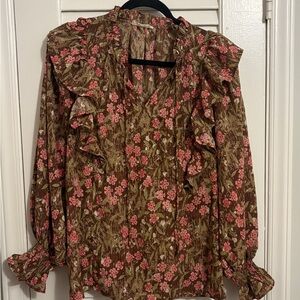 Entro Floral Ruffle Blouse - Pink and Brown